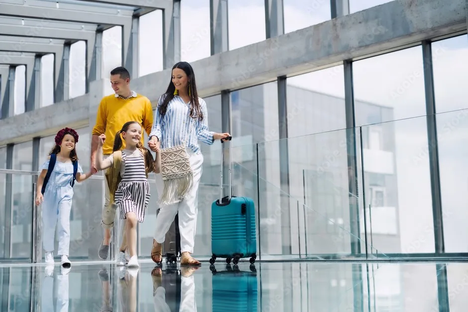 Family arriving at the airport for an Egypt vacation.