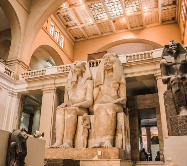 Ancient Egyptian statues inside the Egyptian Museum in Cairo main hall