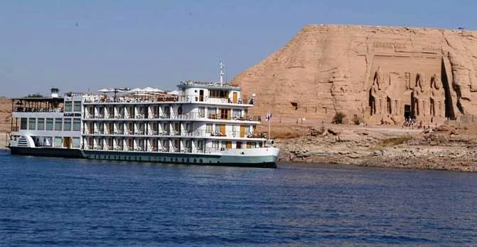 Lake Nasser cruise ship sailing near Abu Simbel Temple