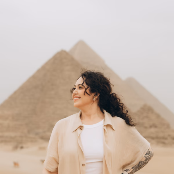 Traveler at Giza Pyramids in Cairo during Cairo tour from Alexandria Port with Book Egypt Travel