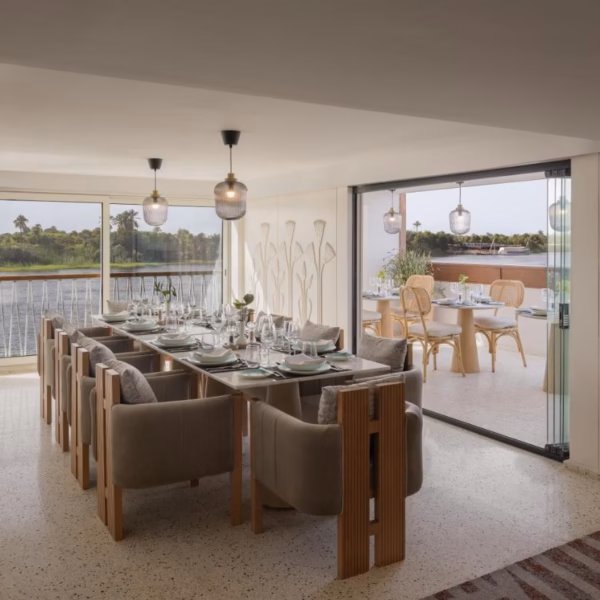 Luxury Nile cruise dining area with river view during 5 Days Nile Cruise From Luxor to Aswan