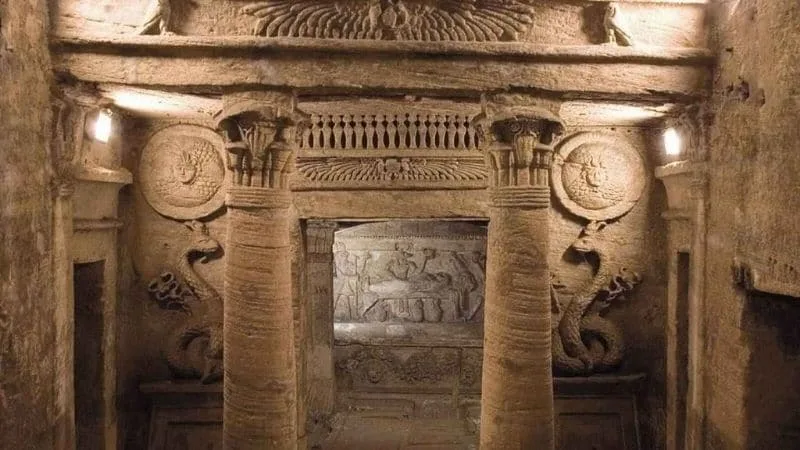 Ancient carvings inside the Catacombs of Kom El Shoqafa