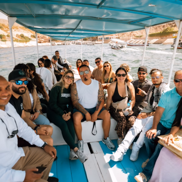 Tourists on boat to Philae Temple in Aswan during 5 Days Nile Cruise From Luxor to Aswan