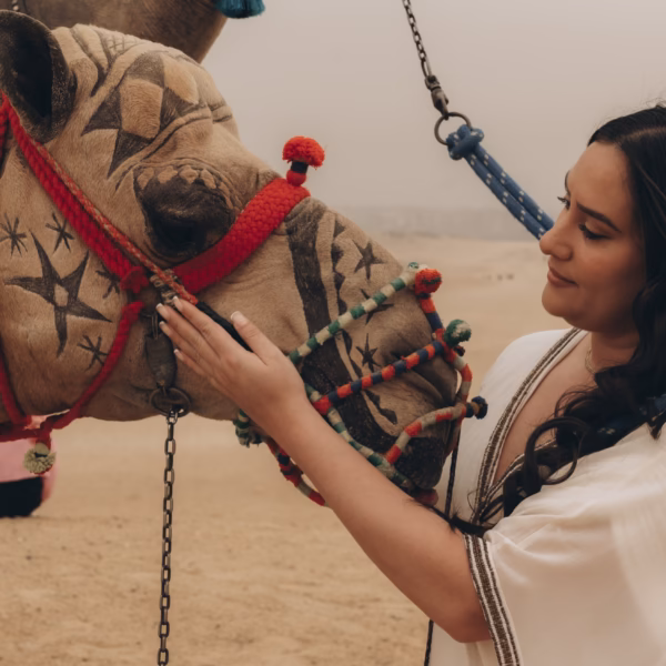 Tourist interacting with camel at Giza Pyramids on day trip from El Gouna by plane
