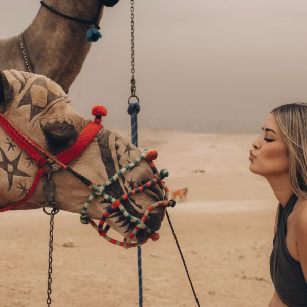 Traveler interacting with camel at Giza Pyramids during Egypt tour with Book Egypt Travel