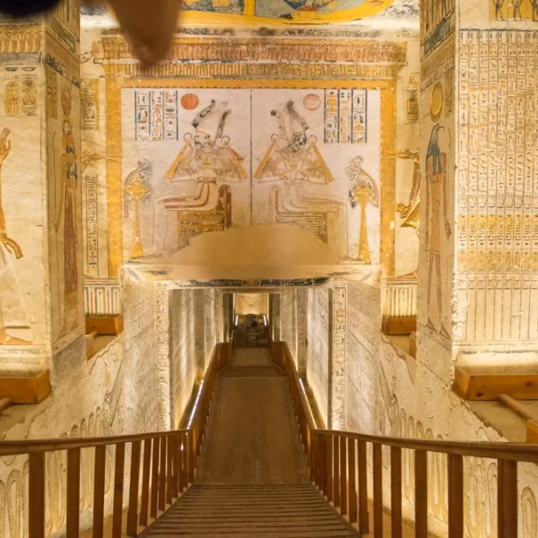 ancient Egyptian tomb interior colorful hieroglyphs burial chamber Egypt