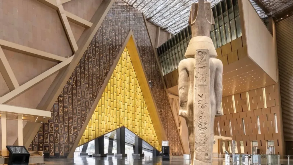 Colossal statue of Ramesses II inside the Grand Egyptian Museum in Cairo.