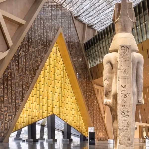 Statue inside Grand Egyptian Museum Cairo Egypt modern museum interior