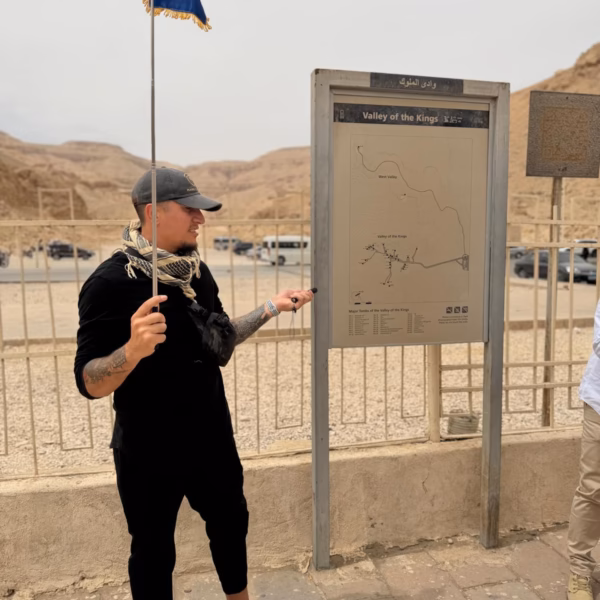Tour guide explaining Valley of the Kings map Luxor Egypt guided tour