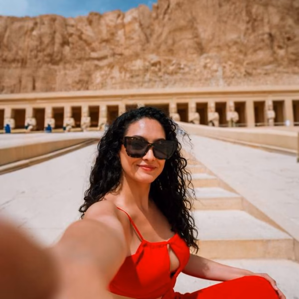 Solo traveler taking selfie at Temple of Hatshepsut Luxor during 3 Days Trip to Cairo Luxor & Aswan from Hurghada