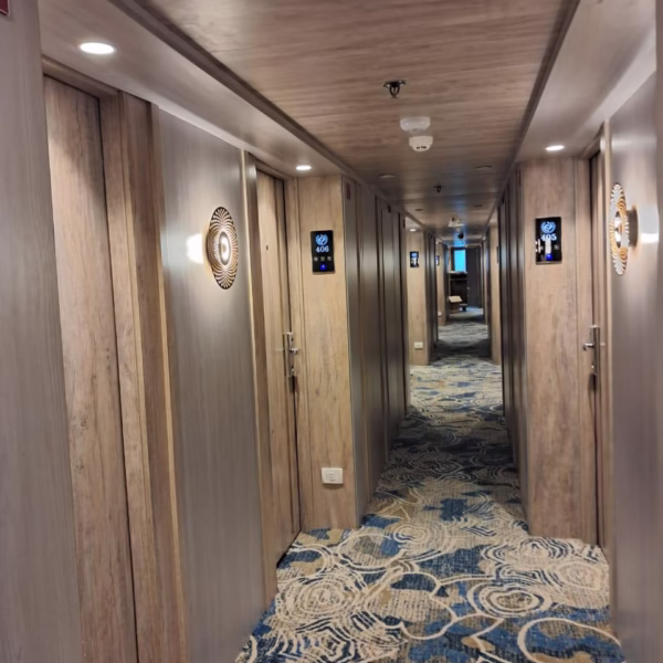 Elegant Nile cruise corridor with wood paneling, ornate wall sconces, and patterned carpets leading to luxury suites.