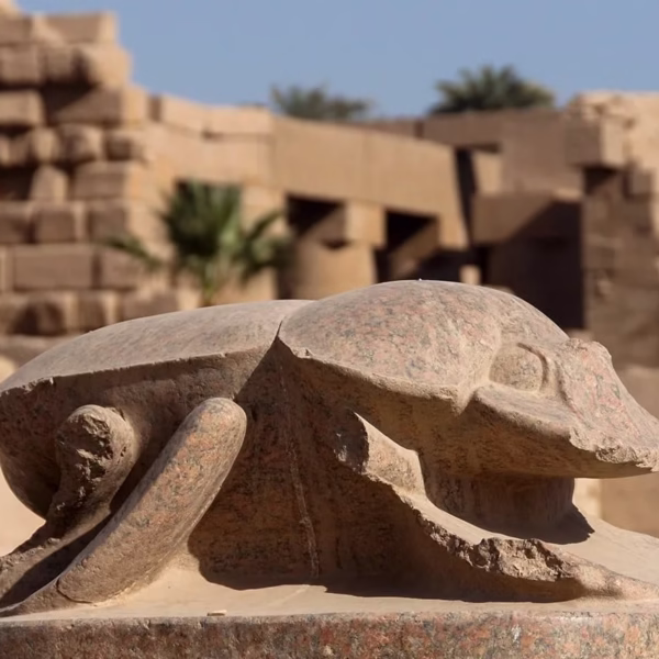Large granite scarab beetle statue at the Karnak Temple complex in Luxor, Egypt.