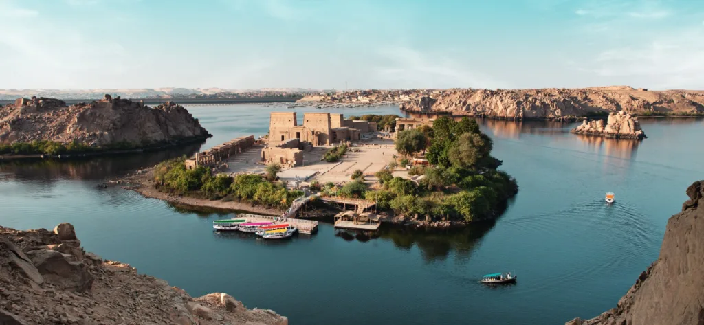 Aerial view of Philae Temple surrounded by the Nile in Aswan